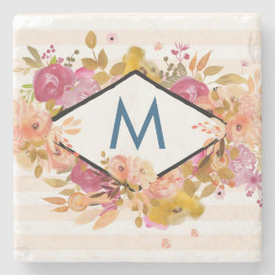 Orange & Pink Floral Bouquet Monogram Stone Coaster
