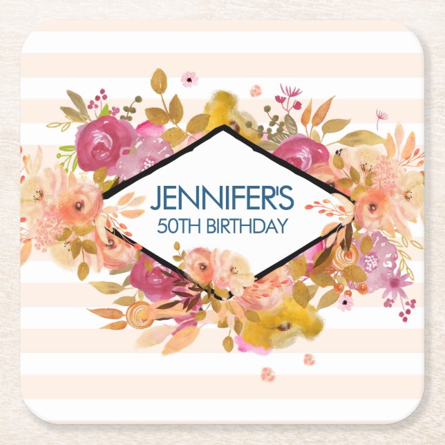 Orange & Pink Floral Bouquet Party Square Paper Coaster (Front)