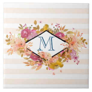 Orange & Pink Floral Bouquet w/ Diamond Frame Ceramic Tile