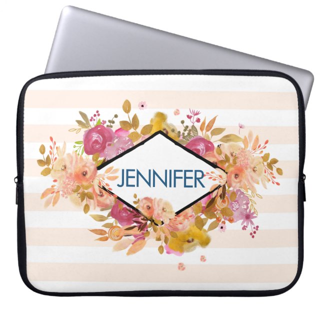 Orange & Pink Floral Bouquet w/ Diamond Frame Laptop Sleeve (Front)