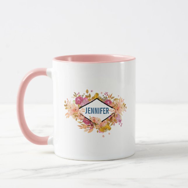 Orange & Pink Floral Bouquet w/ Diamond Frame Mug (Left)