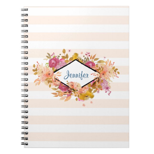 Orange & Pink Floral Bouquet w/ Diamond Frame Notebook (Front)