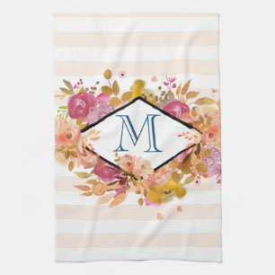 Orange & Pink Floral Bouquet w/ Diamond Frame Tea Towel