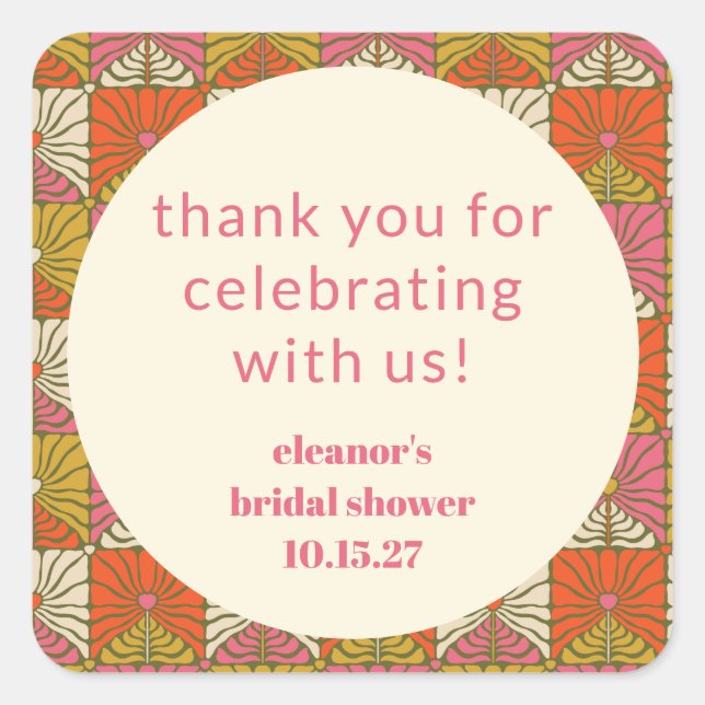Orange Pink Floral Bridal Shower Custom Thank You  Square Sticker (Front)
