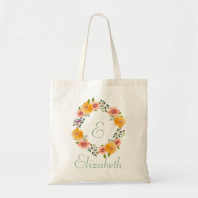 Orange Pink Floral Bridesmaid Monogram Name  Tote Bag (Front)