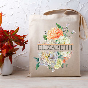 Orange Pink Floral Bridesmaid Monogram Name Tote Bag