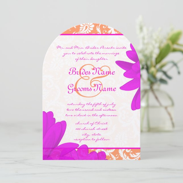 Orange Pink Floral Gerber Daisy Wedding Invitation (Standing Front)