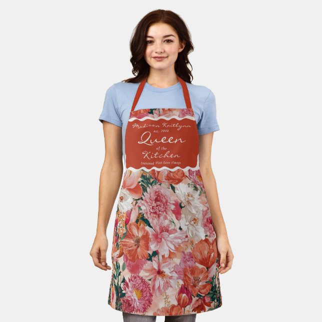 Orange Pink Floral Pattern Monogram Apron (Worn)