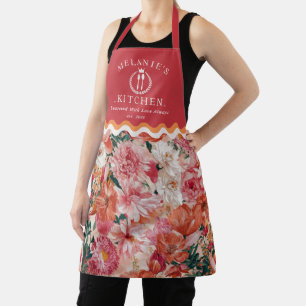 Orange Pink Floral Pattern Monogram Apron