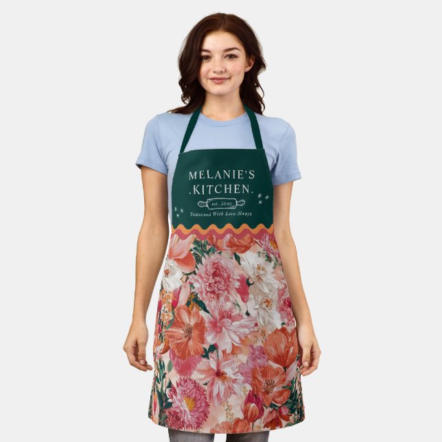 Orange Pink Floral Pattern Monogram Apron (Worn)