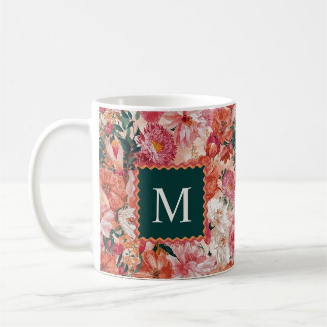 Orange Pink Floral Pattern Monogram Coffee Mug (Left)