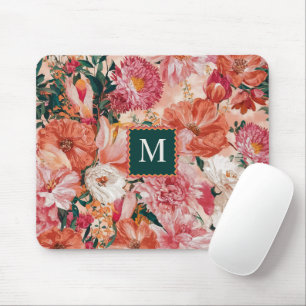 Orange Pink Floral Pattern Monogram Mouse Pad