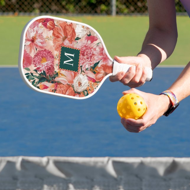 Orange Pink Floral Pattern Monogram Pickleball Paddle (Insitu)