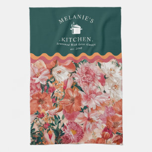 Orange Pink Floral Pattern Monogram Tea Towel