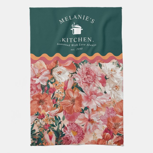 Orange Pink Floral Pattern Monogram Tea Towel (Vertical)