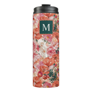 Orange Pink Floral Pattern Monogram Thermal Tumbler