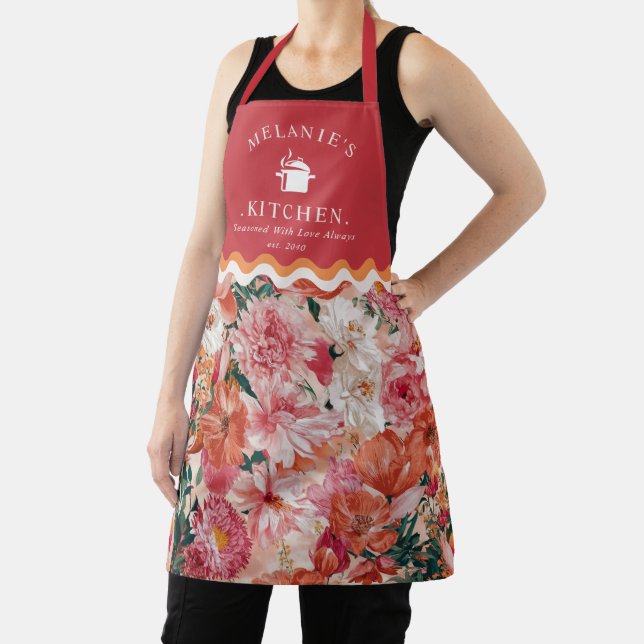 Orange Pink Floral Pattern Personalised Apron (Insitu)