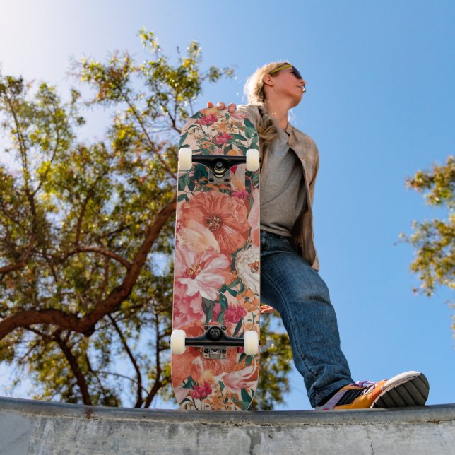 Orange Pink Floral Pattern Skateboard (Outdoor 1)