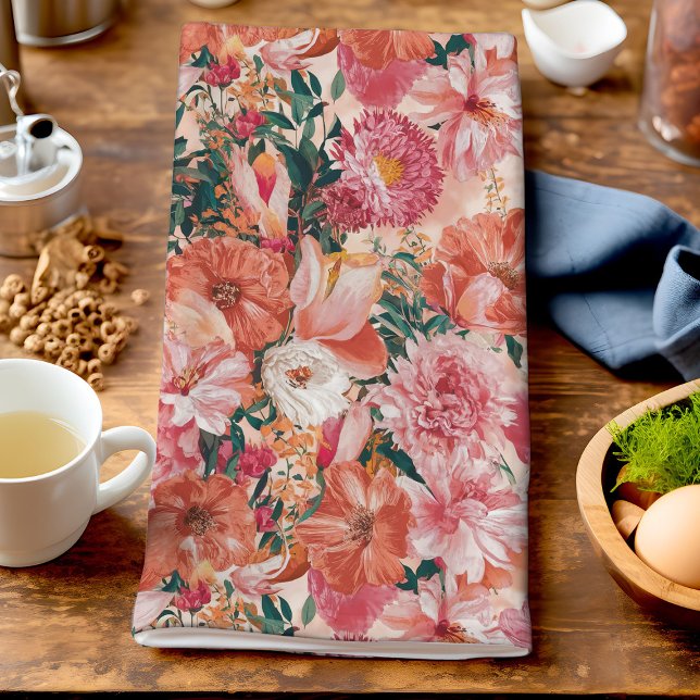 Orange Pink Floral Pattern Tea Towel (Creator Uploaded)