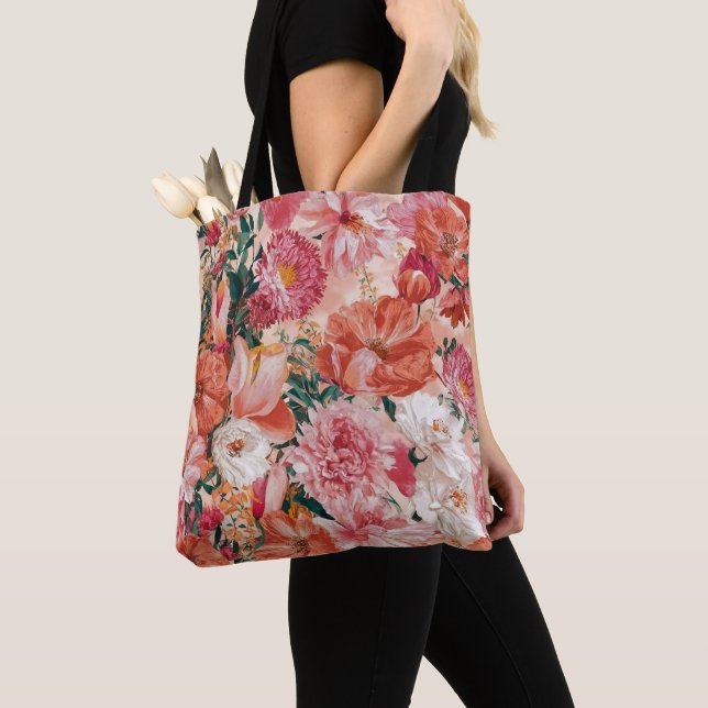 Orange Pink Floral Pattern Tote Bag (Close Up)