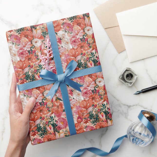 Orange Pink Floral Pattern Wrapping Paper (Gifting)