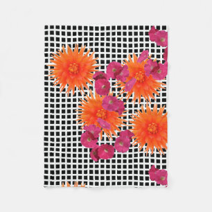 Orange Pink Flowers B/W Check Fleece Blanket