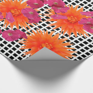 Orange Pink Flowers B/W Check Wrapping Paper