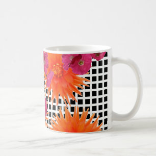 Orange Pink Flowers Black White Check Coffee Mug