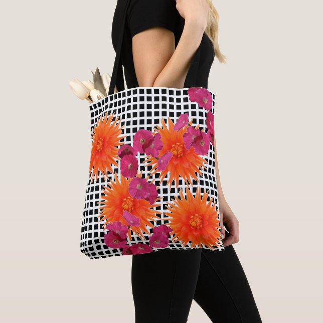 Orange Pink Flowers Black White Check Tote Bag (Close Up)