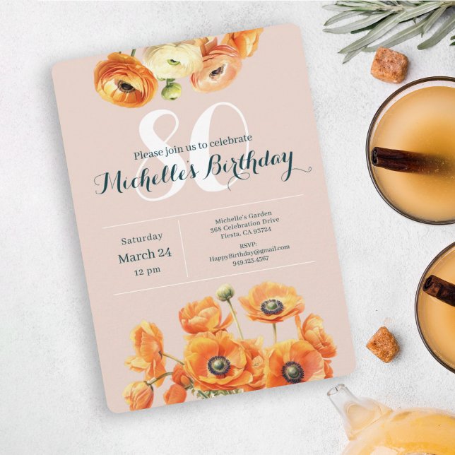 Orange Pink Garden Floral 80th Birthday Party  Invitation (Creator Uploaded)