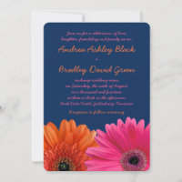 Orange Pink Gerbera Daisy Navy Wedding Invitation