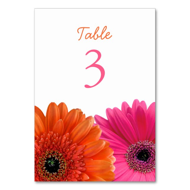 Orange Pink Gerbera Gerber Daisy White Wedding Table Number (Front)
