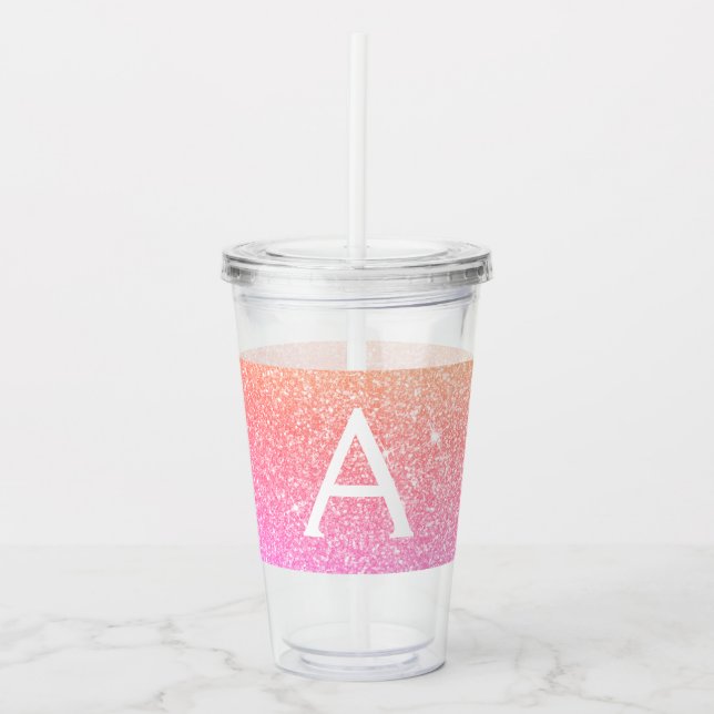 Orange Pink Glitter & Sparkle Monogram Birthday Acrylic Tumbler (Front)