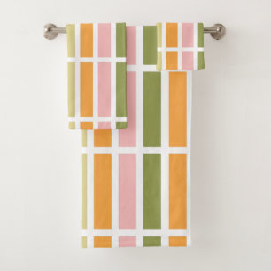Orange Pink Gold and Green Stripes Bath Towel Set