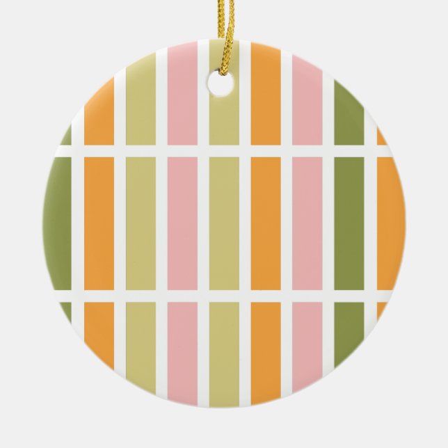 Orange Pink Gold and Green Stripes Ceramic Ornament (Front)