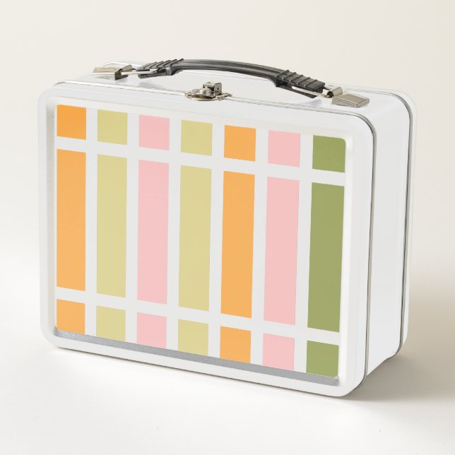 Orange Pink Gold and Green Stripes Metal Lunch Box (Front)