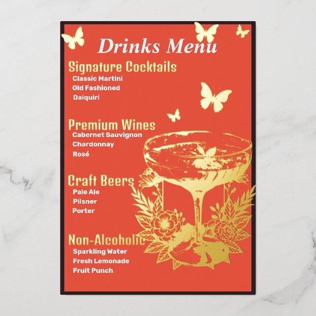 Orange Pink Gold-Foiled Beverage Menu (Front)