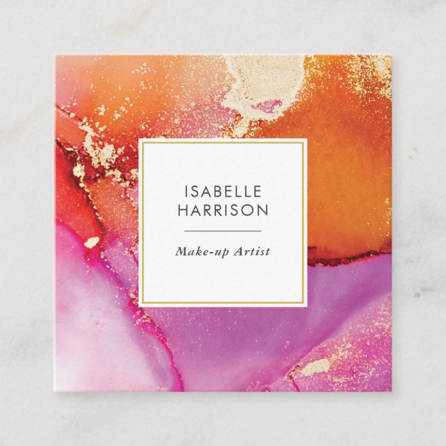 Orange pink gold watercolor ink business card (Front)