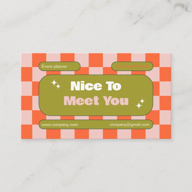 Orange Pink Green Retro Chequerboard Boho Business Card (Front)