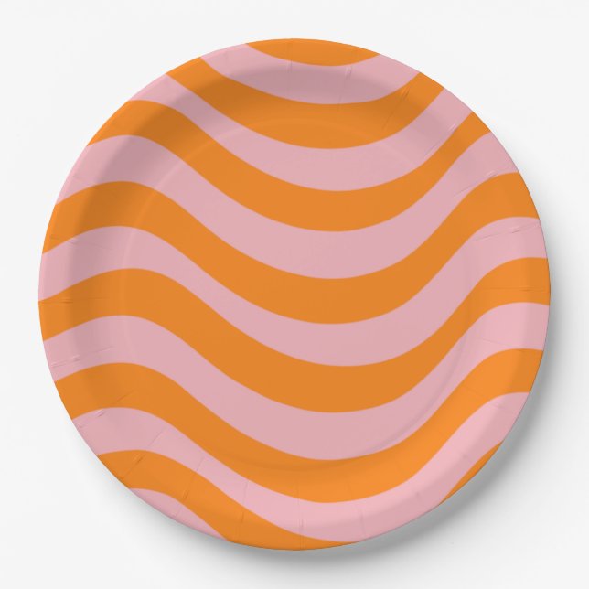 Orange Pink Groovy Retro Abstract Wave Y2K Pattern Paper Plate (Front)