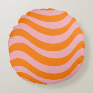Orange Pink Groovy Retro Abstract Wave Y2K Pattern Round Cushion