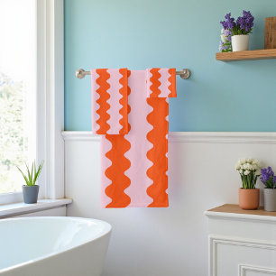 Orange Pink Groovy Stripe Minimalist Spring Summer Bath Towel Set