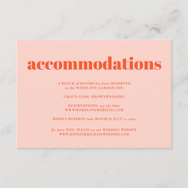 Orange Pink Minimalist Wedding Accommodations Enclosure Card (Front)