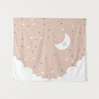 Orange Pink Moon and Stars Night Sky Tapestry