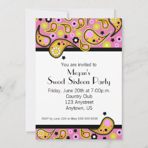 Orange & Pink Paisley Sweet Sixteen Party Invite