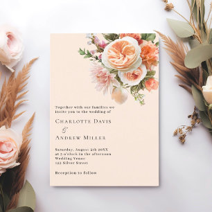 Orange pink peach florals wedding invitation