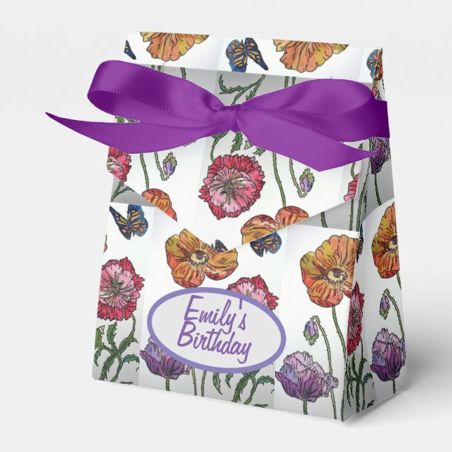 Orange Pink Poppy Floral Birthday Cake Favour Box (Front Side)