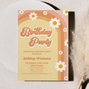 Orange Pink Retro Daisy Flower Birthday Party Invitation