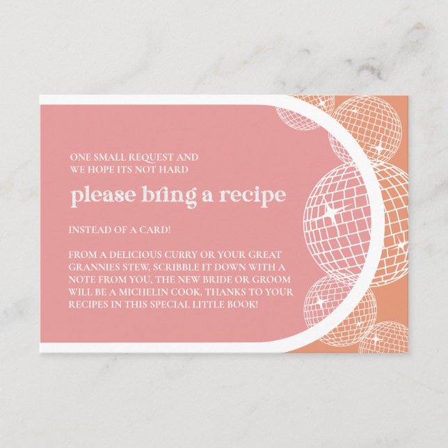 Orange PINK Retro Disco Bridal Shower RECIPE CARD (Front)