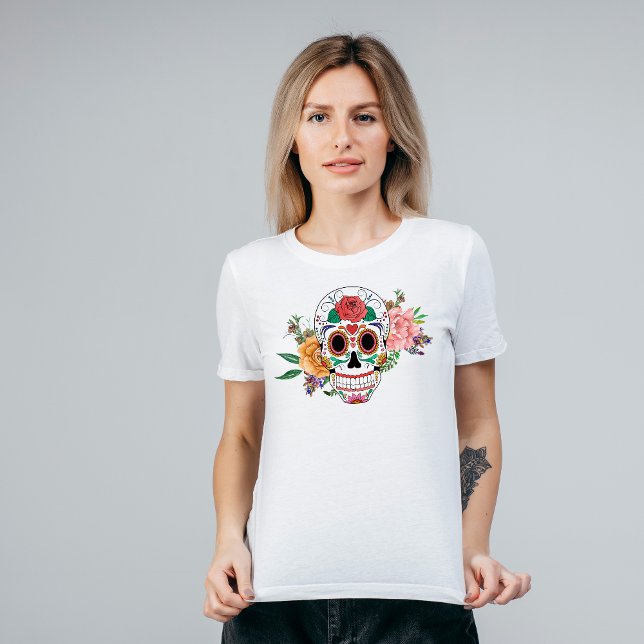 Orange Pink Rose Floral Sugar Skull T-Shirt (Creator Uploaded)